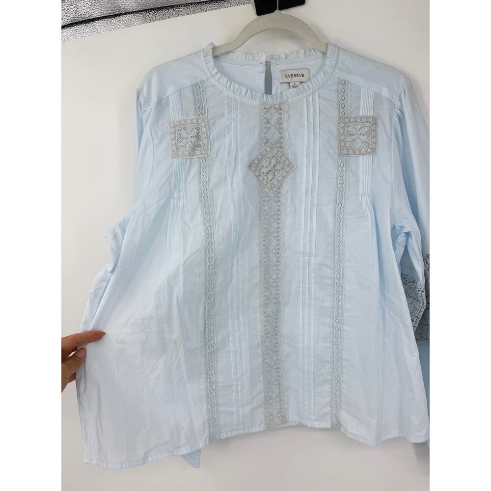 Evereve Womens Victorian Blouse Size L Bishop Sleeve Crochet Boho Edwardian Blue - Picture 7 of 13